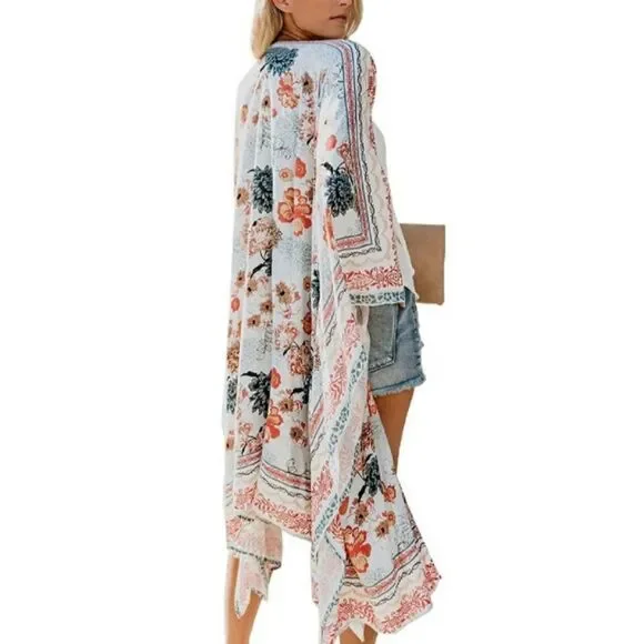 Boho Floral Kimono Duster Cardigan Top - Picture 4 of 7